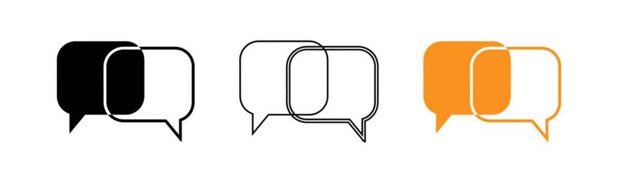 Overlapping speech bubble icon set black white and orange vector graphics for communication design