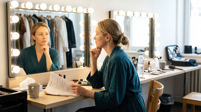 Actress preparing for a role in a dressing room. Woman reading a script at a vanity mirror with lights. Professional backstage preparation