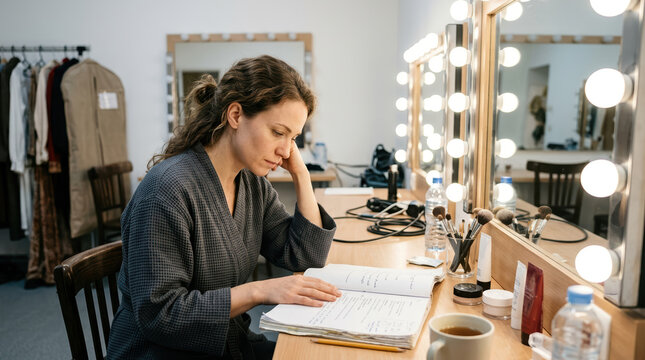 Actress studying script in dressing room. Focused woman in bathrobe preparing for performance at vanity mirror with lights