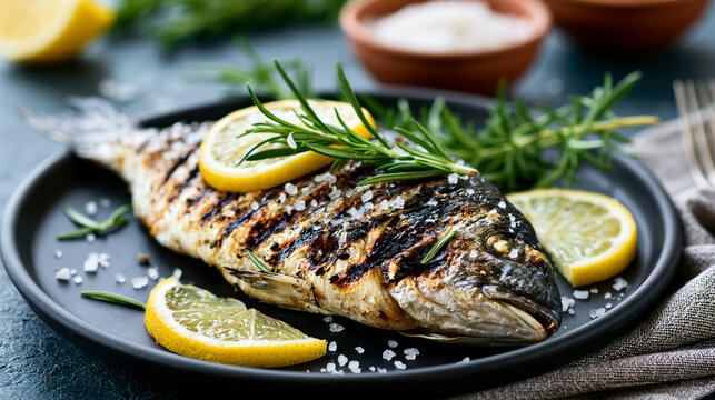 Perfectly grilled sea bream garnished with lemon slices and coarse salt on a matte black plate, Mediterranean seafood cuisine, fine dining food photography, with copy space