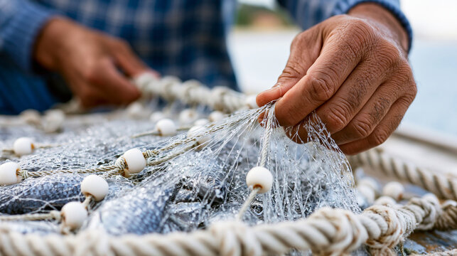 Unrecognizable fisherman's hands untangling a net filled with glistening fresh catch on a boat deck, fishing process, commercial harvest, close-up faceless, with copy space