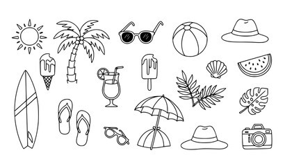 A hand drawn simple icon set on the theme of summer and summertime activities. Includes sun, sunglasses, palm tree, ice cream, beach ball, cocktail drink, flip flops, watermelon, seashell, surfboard,  © MD