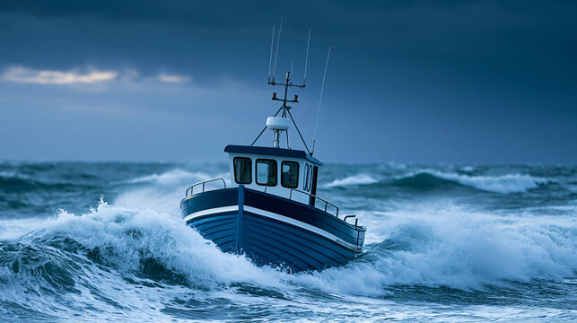 Rough stormy ocean waves crashing against the hull of a lone fishing boat at twilight, dramatic seascape, maritime danger, dark sky, defocused horizon, with copy space