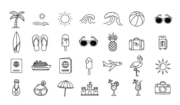 Hand drawn summer vector icon set simple summertime doodle illustrations