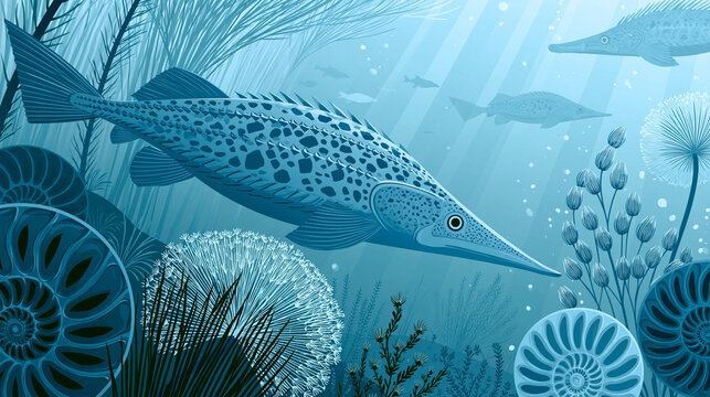 Prehistoric armored fish swimming among ancient ocean flora and ammonites, deep time paleontology, devonian sea life illustration, with copy space
