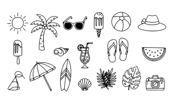Summer doodle vector set hand drawn vacation and tropical icons