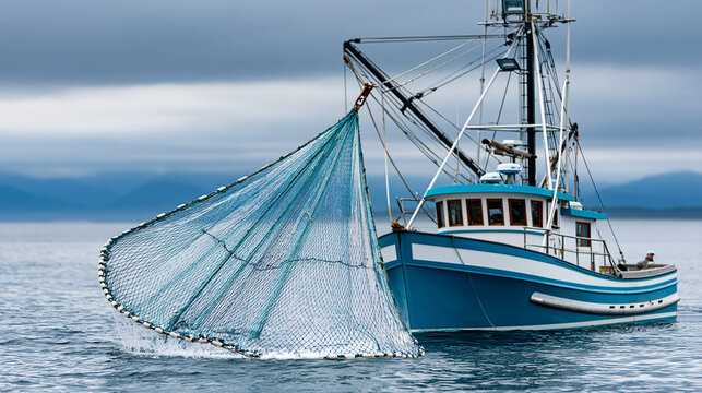 Large commercial fishing schooner hauling in a massive net full of catch, industrial-scale seafood extraction, ocean fishing operation, overcast dramatic sky, faceless crew, with