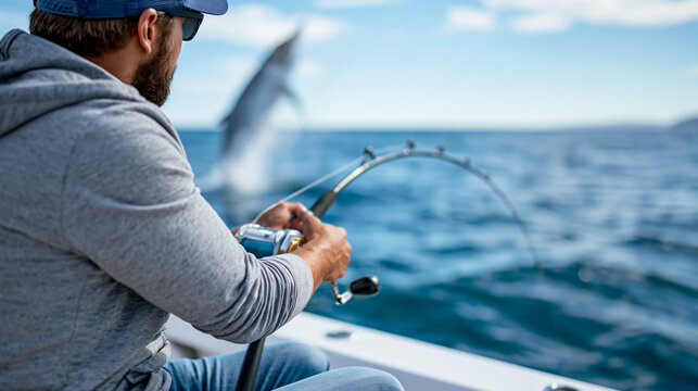 Man on a charter boat reeling in a massive ocean fish leaping from the water, big game sport fishing, deep sea adventure, defocused ocean horizon, faceless, with copy space