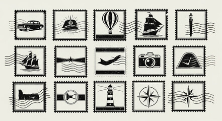 Collection of vintage postage stamps depicting travel and transport themes. © Untung