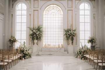 Fototapeta premium Elegant ballroom with rows of golden chairs and elaborate white floral arrangements for a special event