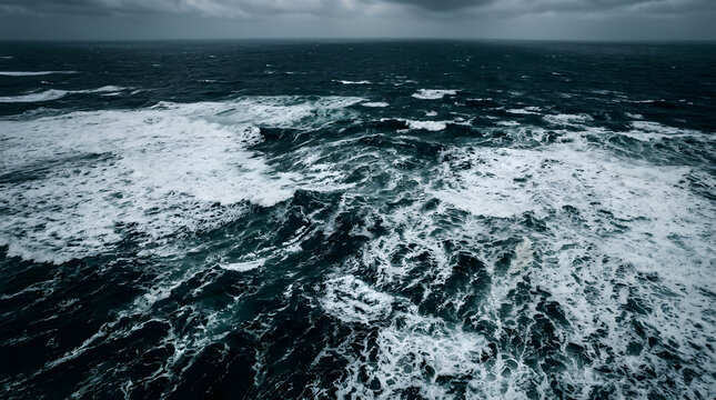 Turbulent ocean waves crash with white foam under a dramatic, stormy sky.