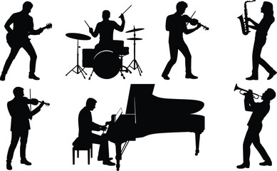 Musician silhouettes vector set with people playing different musical instruments isolated on white background © Md