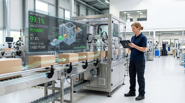 Female engineer using tablet to monitor automated factory production line. Smart manufacturing with augmented reality data overlay. Industry 4.0 concept