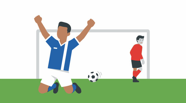 Football player celebrating a goal with a soccer ball and a disappointed opponent in the background