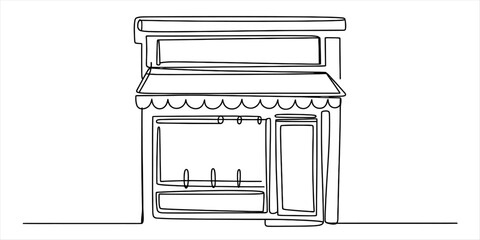 Continuous single line drawing of a small shop facade with a storefront window and awning © Pabon Art Gallery