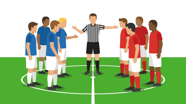 Football teams huddle with referee in center circle for pre-game instructions, emphasizing sportsmanship and fair play on the pitch