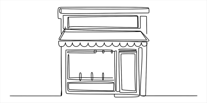 Continuous single line drawing of a small shop facade with a storefront window and awning