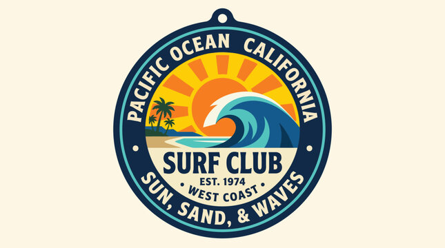 California Surf Club Retro Badge with Sun and Wave