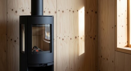 Fototapeta premium Modern black wood burning stove standing in cozy room with plywood walls. Minimalist fireplace interior design concept. Sustainable home heating solution for rustic cabin living.