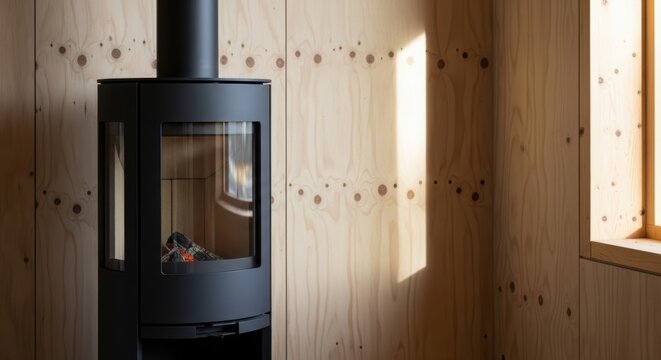 Modern black wood burning stove standing in cozy room with plywood walls. Minimalist fireplace interior design concept. Sustainable home heating solution for rustic cabin living.