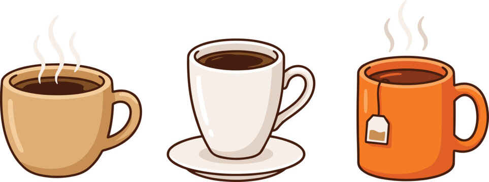 Three steaming mugs of coffee and tea with isolated white background and soft steam