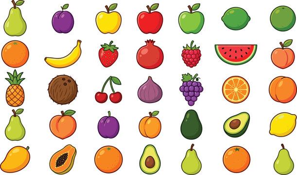 Colorful Fresh Fruit Vector Icon Collection Featuring Apple Banana Strawberry Watermelon Avocado Papaya Grapes and Citrus Illustrations for Healthy Food Design Projects