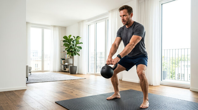 Man doing kettlebell workout at home. Athletic male exercising with weights in modern living room. Healthy lifestyle and fitness concept. Copy space for text