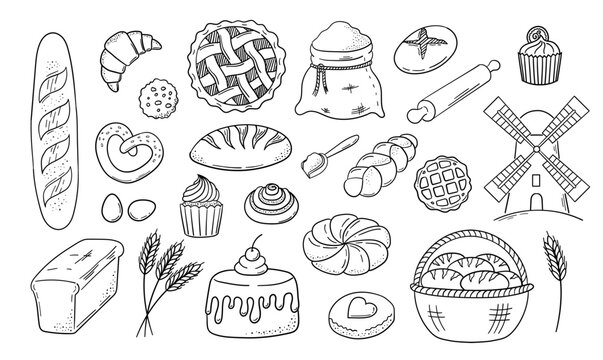 Hand Drawn Bakery and Pastry Icons Set Bread Croissant Cake Dessert Doodle Collection