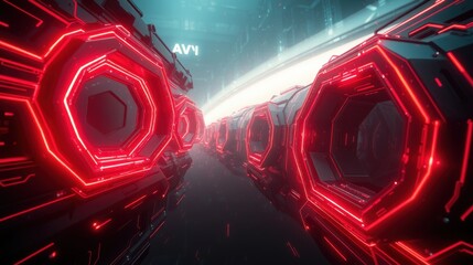 Fototapeta premium Futuristic tunnel glows with vibrant red neon lights. Hexagonal structures create perspective, hinting at advanced technology. Dark background emphasizes illumination.