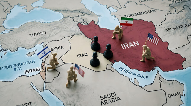 Middle East military conflict map Iran Iraq US Israel soldiers chess pieces geopolitics