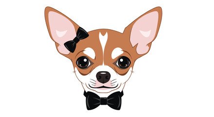 Fototapeta premium Adorable chihuahua dog head illustration wearing a stylish black bow on its ear and a formal black bow tie.