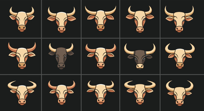 Array of fifteen bull and cow head icons with different horn styles and color variations shown in a neat grid on a dark background.