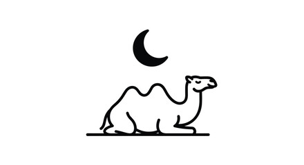 Fototapeta premium Simple and elegant minimalist line drawing of a dromedary camel sitting peacefully under a thin crescent moon in the night.