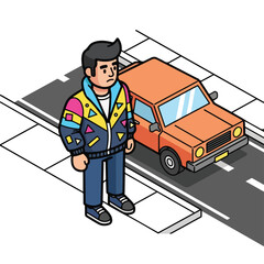 Obraz premium Man standing next to orange car on roadside wearing colorful jacket