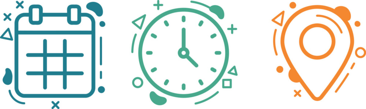 Icons of calendar clock and map pin on white background for organization and navigation