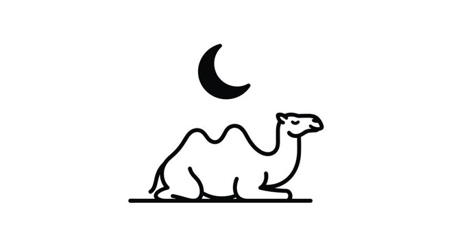 Simple and elegant minimalist line drawing of a dromedary camel sitting peacefully under a thin crescent moon in the night.