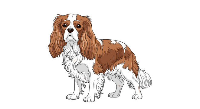 Detailed hand drawn illustration of a cavalier king charles spaniel dog standing in profile view showing its long ears.