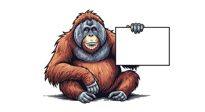 Detailed illustration of a large hairy orangutan sitting down and holding a blank white sign for custom text messages.