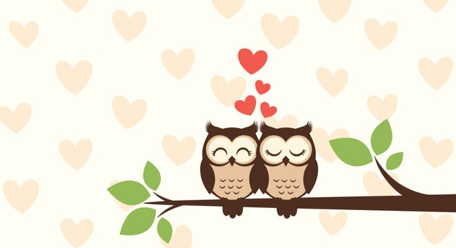 Two adorable owls perch on a branch together under small red hearts against a background of soft heart patterns in a romantic scene.