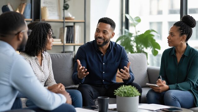 Engaged African American manager facilitating a collaborative team discussion on a comfortable sofa in a sunlit modern office lounge area during an informal project review meeting at work.