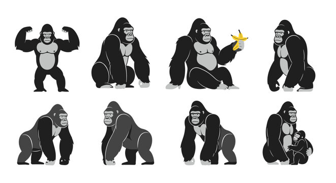 Eight various gorilla illustrations depicting different poses and behaviors including a mother with her baby gorilla.