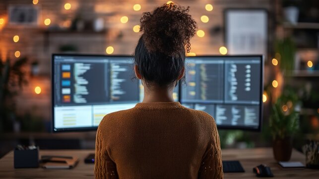 A woman sits at a desk in front of two computer monitors with code on the screens.  She is working late at night.