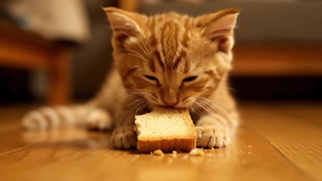 Cute ginger kitten curiously playing with and nibbling on a small piece of bread while lying on the wooden floor in this charming 4k video footage