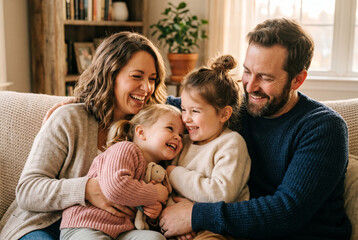 Obraz premium A warm indoor portrait of a happy nuclear family cuddling on a living room sofa, all family members sharing joyful laughter and affectionate moments together.