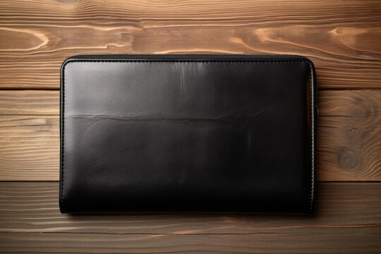 Black leather document case with zipper lying on dark wood