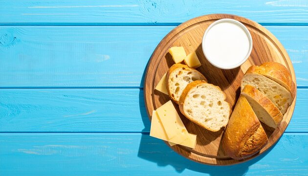 Top view artisan bread assortment with milk on wooden tray over bright blue table background