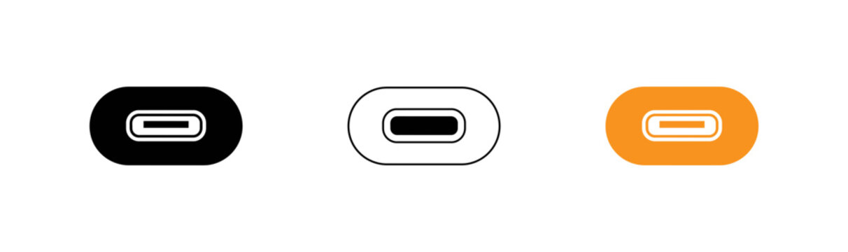 Type c usb port logo set in black white and orange colors for design and tech applications