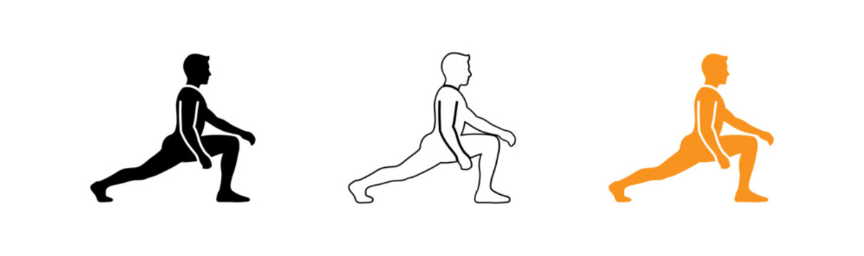 Lunge exercise illustration set black outline and solid orange versions for fitness and wellness graphics