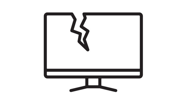 Monitor with broken screen crack icon, vector style computer display symbol for repair, failure and technical support