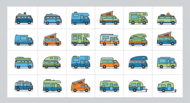 Collection of Camper Van Illustrations in Various Styles.